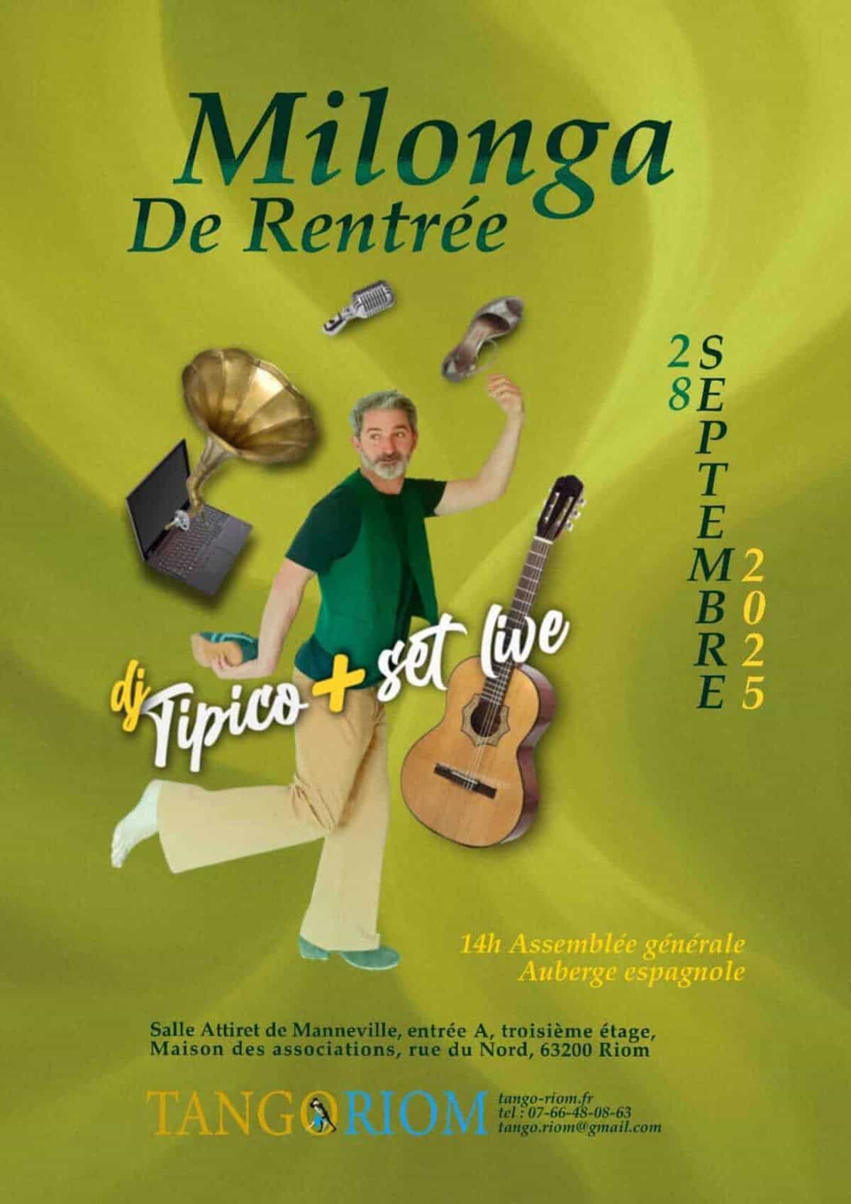 affiche colorée annonçant la Milonga de Rentrée à Riom avec DJ Tipico et un set live